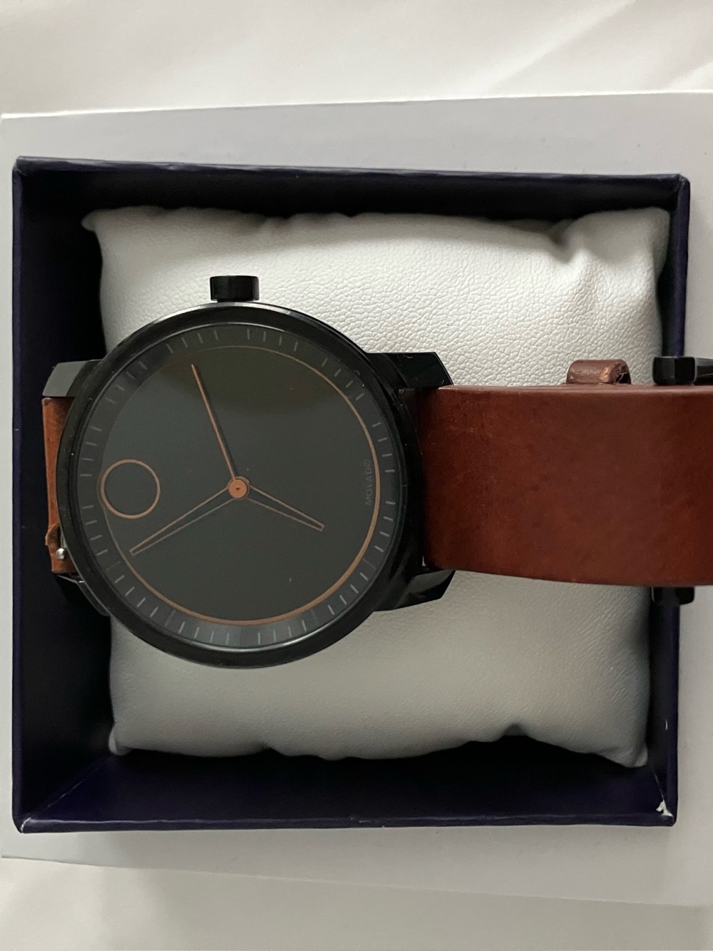 Movado Black Dial Watch with Brown Leather Strap and Copper Accents